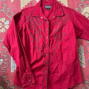Red Embroidered Button-Up Shirt